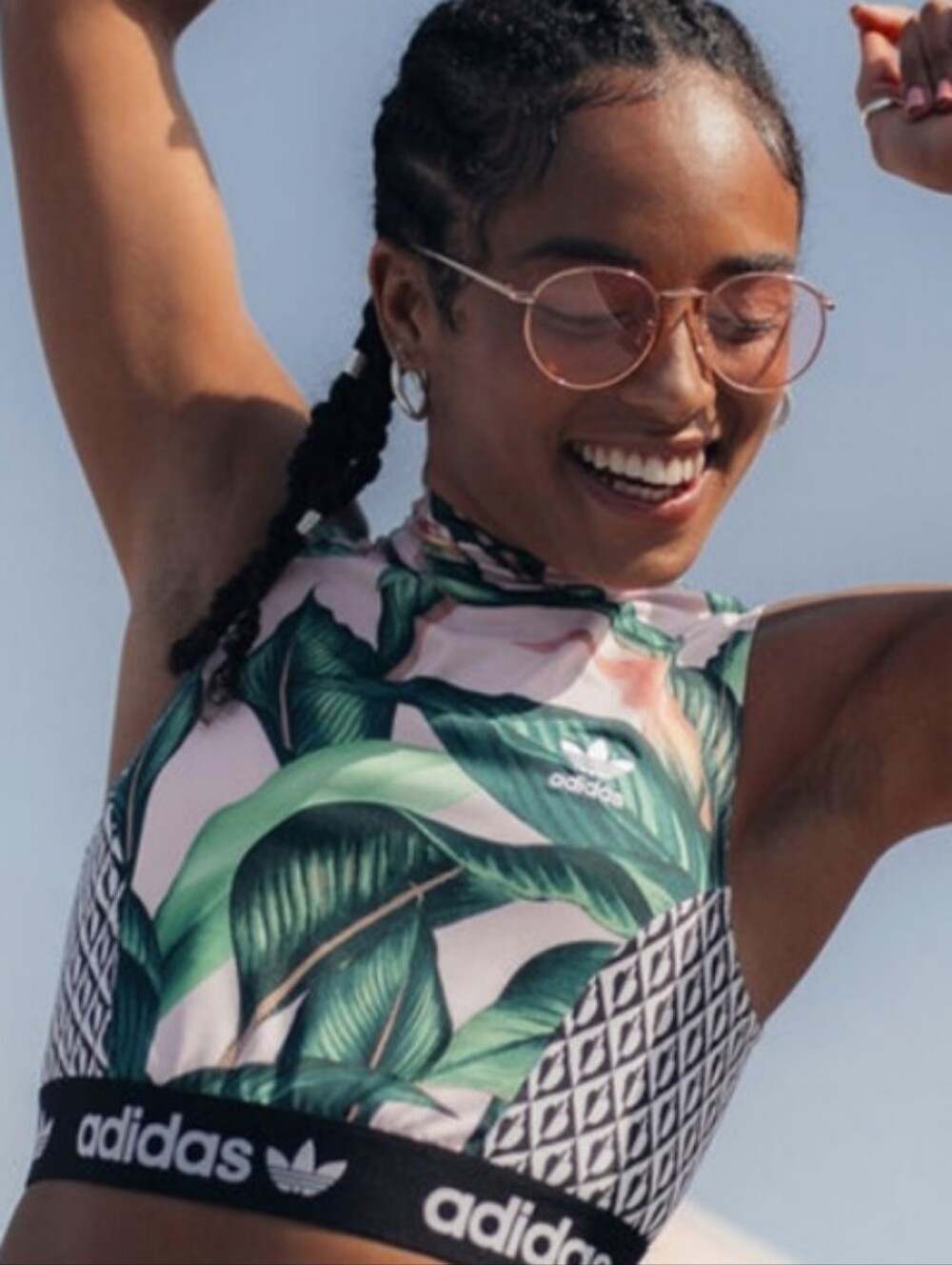 adidas x Farm Rio Tropical Print Cropped Mock Neck Sports Top -Pink & Green - Picture 9 of 9